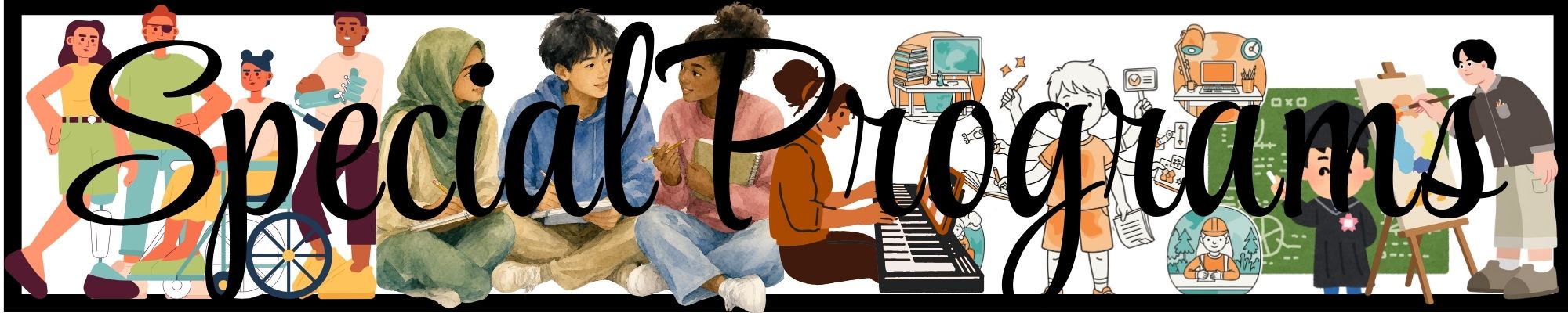 A banner with the text "Special Programs" overlaying a background of diverse illustrated figures.